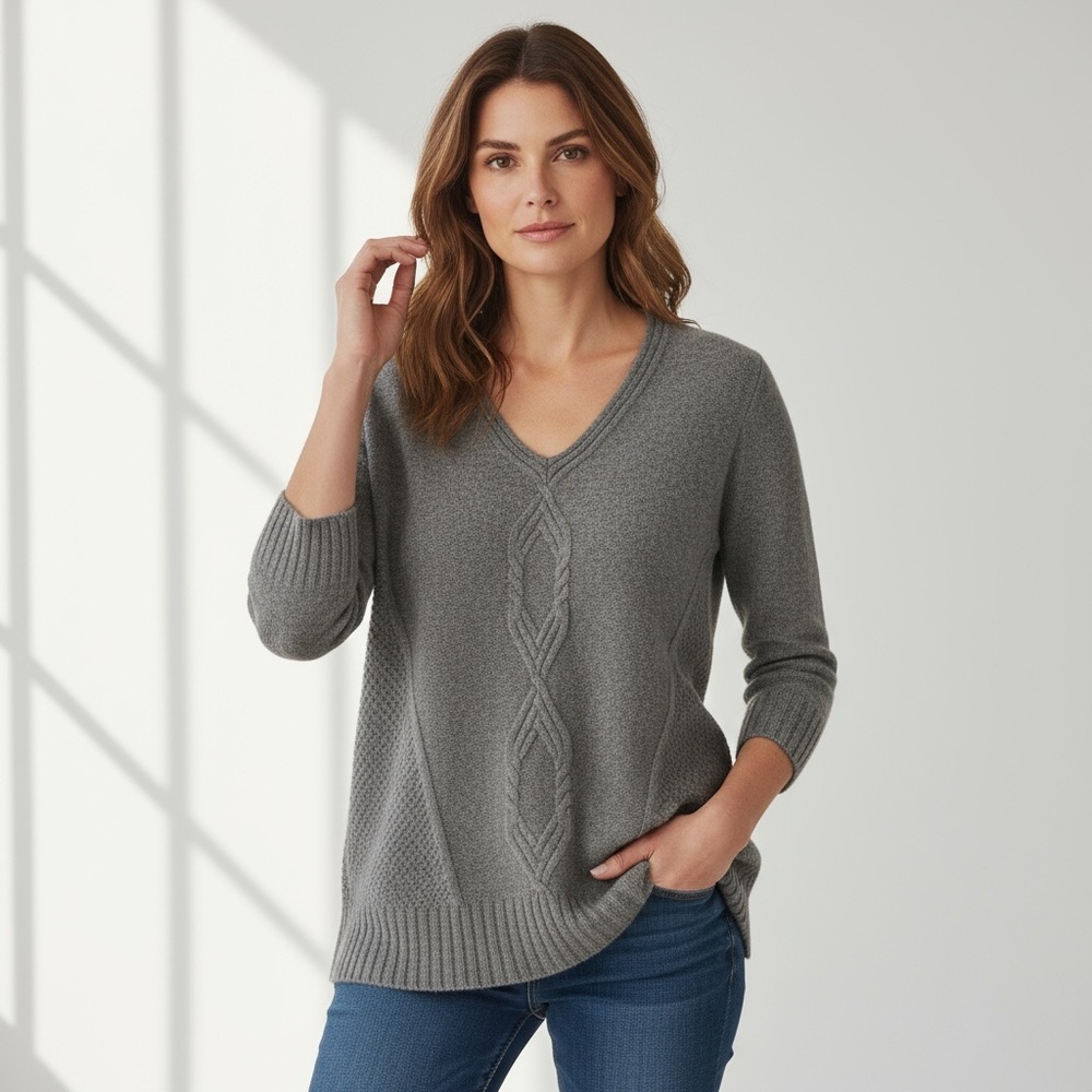 Max Studio 100% 2 Ply Cashmere Gray Cable Knit Sweater​